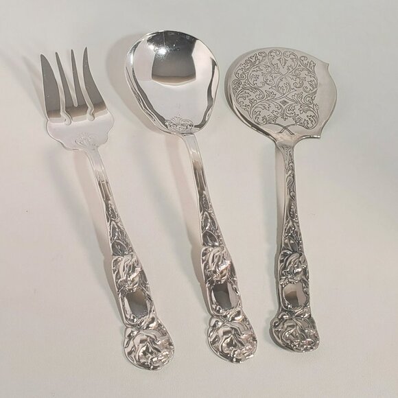 Birks “Primrose Plate” Silver-Plated Serving Spoon&Fork with Italian Pie Server - Picture 1 of 7